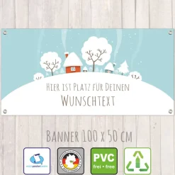 Best Banner Winterzeit 100 x 50 cm - personalisierbar | Häuser und Bäume im Winter - personalisierbar mit Wunschtext Weihnachtsdeko