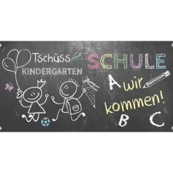 Online Banner zur Einschulung 100 x 50 cm | Tafeloptik Tschüss Kindergarten - Schule wir kommen Kinder Einschulung