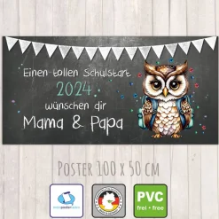 Sale Banner zur Einschulung 100 x 50 cm - personalisierbar | Tafeloptik Eule Schulstart - Wunschtext Kinder Einschulung