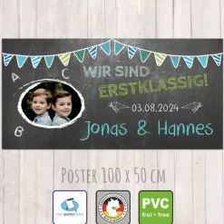 Online Banner zur Einschulung - Zwillinge - 100 x 50 cm - mit Foto personalisierbar | Tafeloptik - blaue Wimpel Kinder Einschulung