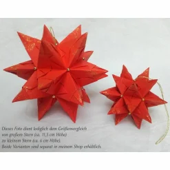 New Bascetta-Stern, ca. 12 cm, Rot mit Gold und Goldperlen, Aufhängeschlaufe in Gold, Weihnachtsstern, Origami Faltster Weihnachtsdeko