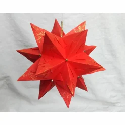 New Bascetta-Stern, ca. 12 cm, Rot mit Gold und Goldperlen, Aufhängeschlaufe in Gold, Weihnachtsstern, Origami Faltster Weihnachtsdeko