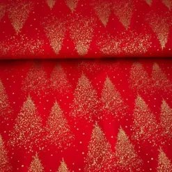Discount Baumwolle - goldene Weihnachstbäume auf Rot - 50cm Weihnachtsstoffe