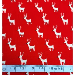 Weihnachtsstoffe|liebelein-handarbeiten Baumwollstoff, rot, Rentier red nose, natur,Weihnachtsstoff, Meterware, Winterstoff, Breite 1,40 m, 100% Baumwolle