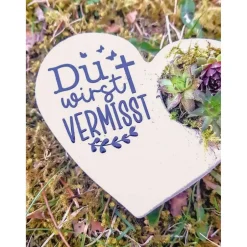 Clearance Bepflanztes Herz aus Beton mit Schriftzug Grabschmuck Trauer Grabgesteck Grabherz Gedenksteine