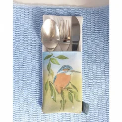 Tischdekoration|hessmade Bestecktasche Eisvogel, hochwertiger Qualitätsdruck, Gemälde Vogelmalerin, Unikat, Handarbeit genäht