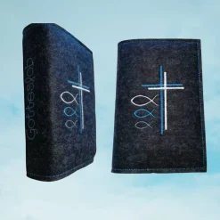 bestickte Hülle für das Gottes - Lob, blau-meliert, hochwertiger Filz Gotteslobhülle