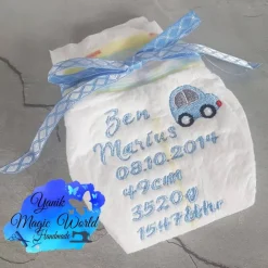 Bestickte Windel mit Geburtsdaten oder Spruch Geschenke