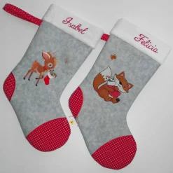 Hot Bestickter grauer Nikolausstiefel Stickmotiv Reh personalisierter Weihnachtsstiefel mit Namen flauschige Krempe Nikolausstiefel