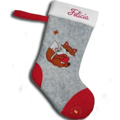 Nikolausstiefel|Deko und Taschen Bestickter grauer Nikolausstiefel Stickmotiv Fuchs personalisierter Weihnachtsstiefel mit Namen flauschige Krempe