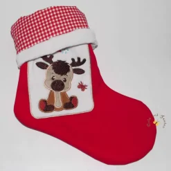 Nikolausstiefel|Deko und Taschen Bestickter roter Nikolausstiefel Applikation Rentier personalisierter Weihnachtsstiefel mit Namen flauschige Krempe
