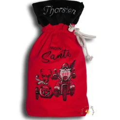 Säckchen & Beutel|Deko und Taschen Bestickter Weihnachtsbeutel Motorrad-Santa personalisierter Nikolausbeutel weihnachtlicher Wunschname flauschige Krempe