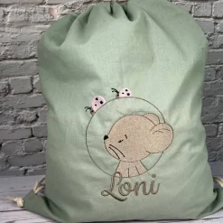 Turnbeutel|Handmadelovebytanja Beutel bestickt mit Maus, Marienkäfer und Wunschnamen I personalisierter Kita Beutel I Kindergartentasche mit Name