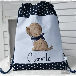 Online Beutel-/Rucksack blau mit Hund und Wunschname Kinder Turnbeutel