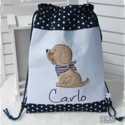 Online Beutel-/Rucksack blau mit Hund und Wunschname Kinder Turnbeutel