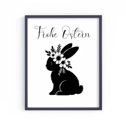 Best Bügelbild Osterhase mit Blümchen in schwarz  zum aufbügeln - Personalisierbares Bügelbild Osterdeko