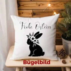Best Bügelbild Osterhase mit Blümchen in schwarz  zum aufbügeln - Personalisierbares Bügelbild Osterdeko