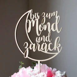 Best Blumen- / Tortenstecker "bis zum Mond und zurück" aus Holz, Caketopper, Tortentopper, Tortenfigur, Blumengesteck Tortendekoration