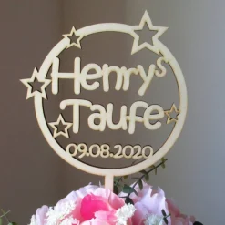 Discount Blumen- / Tortenstecker Taufe Sternenkreis mit Name und Datum aus Holz, Caketopper, Tortentopper, Blumenstecker, Blumengesteck, Schriftzug Taufschmuck