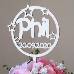 Discount Blumen- / Tortenstecker Taufe Sternenkreis mit Name und Datum aus Holz, Caketopper, Tortentopper, Blumenstecker, Blumengesteck, Schriftzug Taufschmuck