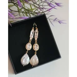 New Braut Ohrringe Lang Hochzeitschmuck Süßwasserperlen mit Zirkonia Vergoldete Hochzeit Schmuck Brautschmuck