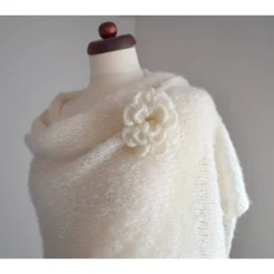 Braut Stola, Tuch, Umhang, Bolero, Schal, Hochzeit, Alpaka Seide! creme, Häkelblume, Brosche! Brautstolen & -Boleros