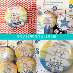 Clearance Button „Tschüss Grundschule 2026 – Hallo 5. Klasse“ | Regenbogen-Design | 38mm & 59mm | Geschenk Schulwechsel & Abschied Kinder Einschulung