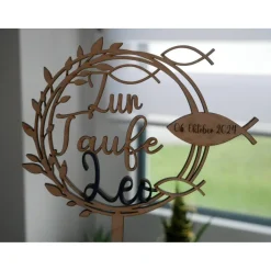 Tortendekoration|Leila - mit Liebe gemacht Cake Topper zur Taufe personalisiert mit Namen und Datum aus Holz