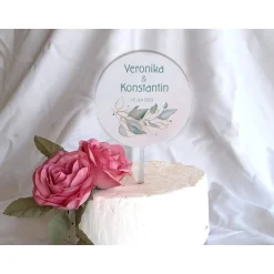 Tortendekoration|Das Moment Caketopper Pflanzenstecker Acryl Holz Salbei rund