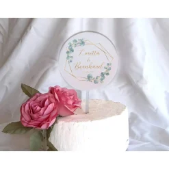 Tortendekoration|Das Moment Caketopper Pflanzenstecker Acryl Holz Design Eukalyptus Gold