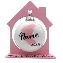 New Christbaumkugelkugel aus Glas Mein 1. Weihnachten mit Namen und Kugelhalter Haus Baumschmuck Personalisierbar