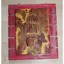 Hot Collage Acrylbild BIRDCAGE im angesagten Shabby Stil  auf einem Holzobjekt gestaltet Steampunk Malerei Holzbild Geschenke Für Frauen