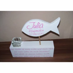 Clearance Deko zur Kommunion , Konfirmation, Taufe Fisch auf Holzblock mit Teelichthalter Dekoration