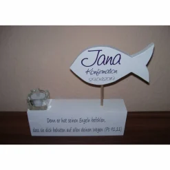Clearance Deko zur Kommunion , Konfirmation, Taufe Fisch auf Holzblock mit Teelichthalter Dekoration