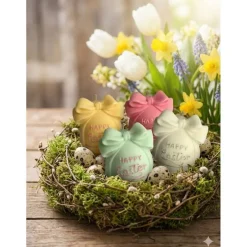 Discount Dekorative Happy Easter Kerze mit Schleife, handgegossen in Frühlingsfarben für deine Osterdeko Osterkerzen