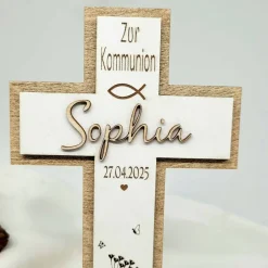 Dekoration|Funnybake Dekoratives Holzkreuz zur Kommunion personalisiert mit Name und Datum .Fisch kreuz florales Muster Holz Standfuß