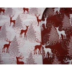 Weihnachtsstoffe|Modeatelier-Hildegard Dekostoff Weihnachten Jacquard natur – rotes Reh & Hirsch im Wald, Glitzer Gold, Tannenbaum, Meterware
