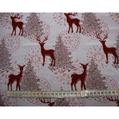 Weihnachtsstoffe|Modeatelier-Hildegard Dekostoff Weihnachten Jacquard natur – rotes Reh & Hirsch im Wald, Glitzer Gold, Tannenbaum, Meterware