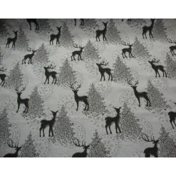Weihnachtsstoffe|Modeatelier-Hildegard Dekostoff Weihnachten Jacquard natur – Graues Reh & Hirsch im Wald mit Glitzer silber, Meterware 140cm breit
