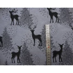 Weihnachtsstoffe|Modeatelier-Hildegard Dekostoff Weihnachten Jacquard natur – Graues Reh & Hirsch im Wald mit Glitzer silber, Meterware 140cm breit