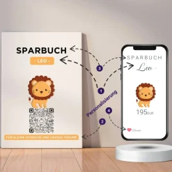 Clearance Digitales Sparbuch | Personalisiertes Geldgeschenk | QrCode Bild auf Leinwand 20x30cm | Motiv Löwe Geldgeschenke