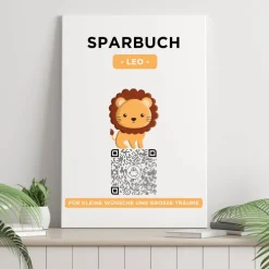 Clearance Digitales Sparbuch | Personalisiertes Geldgeschenk | QrCode Bild auf Leinwand 20x30cm | Motiv Löwe Geldgeschenke