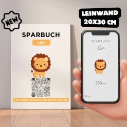 Clearance Digitales Sparbuch | Personalisiertes Geldgeschenk | QrCode Bild auf Leinwand 20x30cm | Motiv Löwe Geldgeschenke