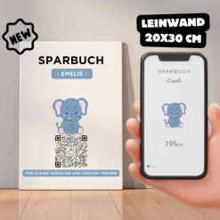 Best Digitales Sparbuch | Personalisiertes Geldgeschenk | QrCode Bild auf Leinwand 20x30cm | Motiv Elefant Geldgeschenke
