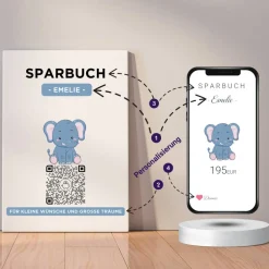 Best Digitales Sparbuch | Personalisiertes Geldgeschenk | QrCode Bild auf Leinwand 20x30cm | Motiv Elefant Geldgeschenke