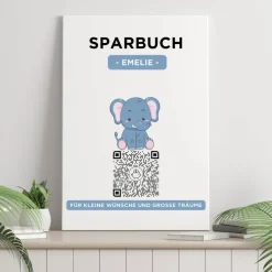 Best Digitales Sparbuch | Personalisiertes Geldgeschenk | QrCode Bild auf Leinwand 20x30cm | Motiv Elefant Geldgeschenke