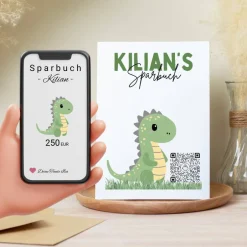 Digitales Sparbuch für Kinder – personalisierte Geschenkidee zur Geburt, Taufe, Einschulung, Kommunion | Dino Geldgeschenke