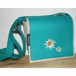 Discount Dirndltasche, Unikat, aus Wollfilz in hellmeliert und türkis, bestickt mit Edelweiß, Umhängetasche, Oktoberfest, handgemacht von Trachtentaschen