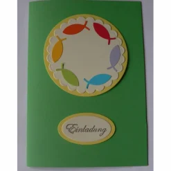 Einladungskarten|Zauberkramtruhe DIY Bastelset  - Einladung zur Kommunion mit Fischen in den Farben des Regenbogen selber basteln