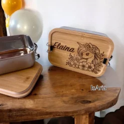 Discount Edelstahl Lunchbox Einhorn mit Bambus Deckel/Personalisiert/Büro/Kindergarten/Einschulung/ Brotdose mit Namen/Kita Kinder Einschulung